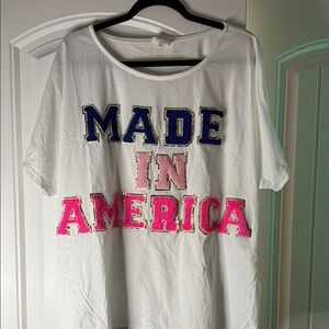 BiBi White Tee with Pink Star Accents and Blue Graphic